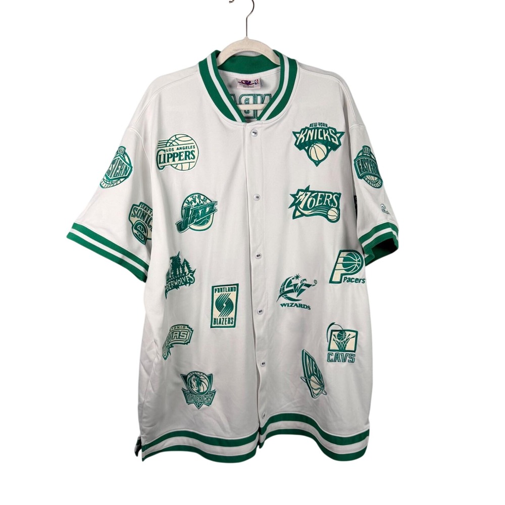 Vtg Unique NBA AOP Patches Basketball Jersey Warm Up Shirt White Green 2XL